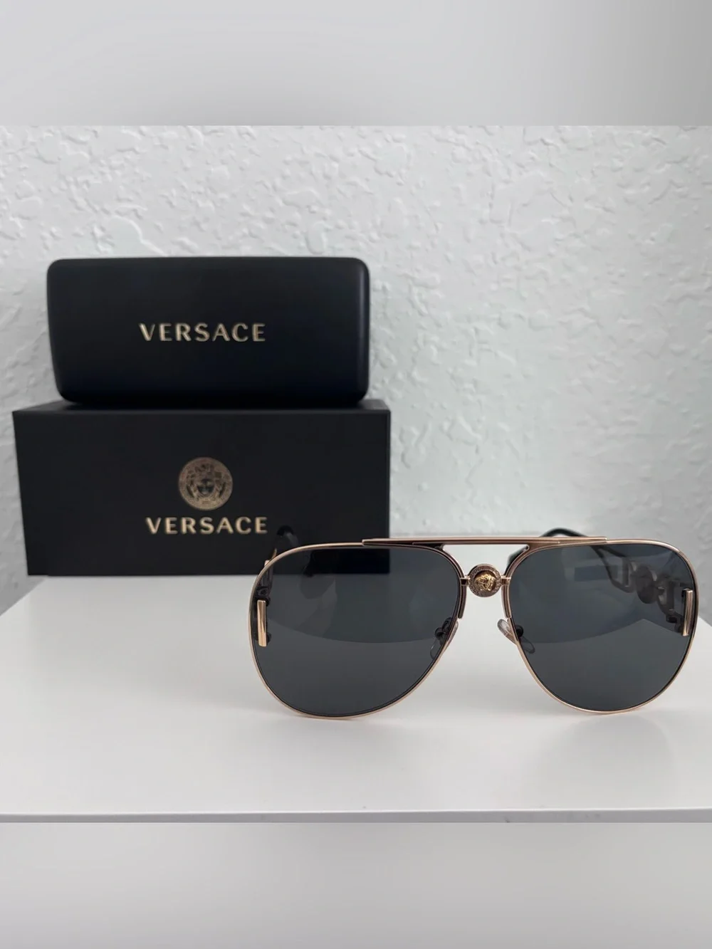 Versace  Gold Aviator Sunglasses with Dark Gray Lenses